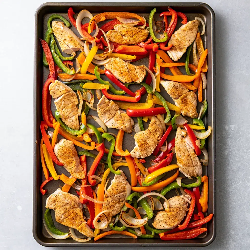 Properly spaced sheet pan fajitas before roasting showing good air circulation