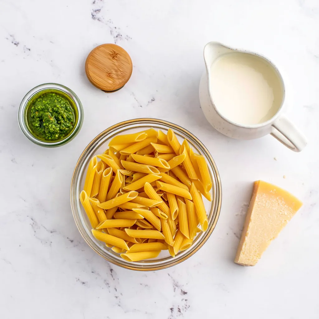 Ingredients for creamy pesto pasta including penne, fresh pesto, heavy cream, and Parmesan