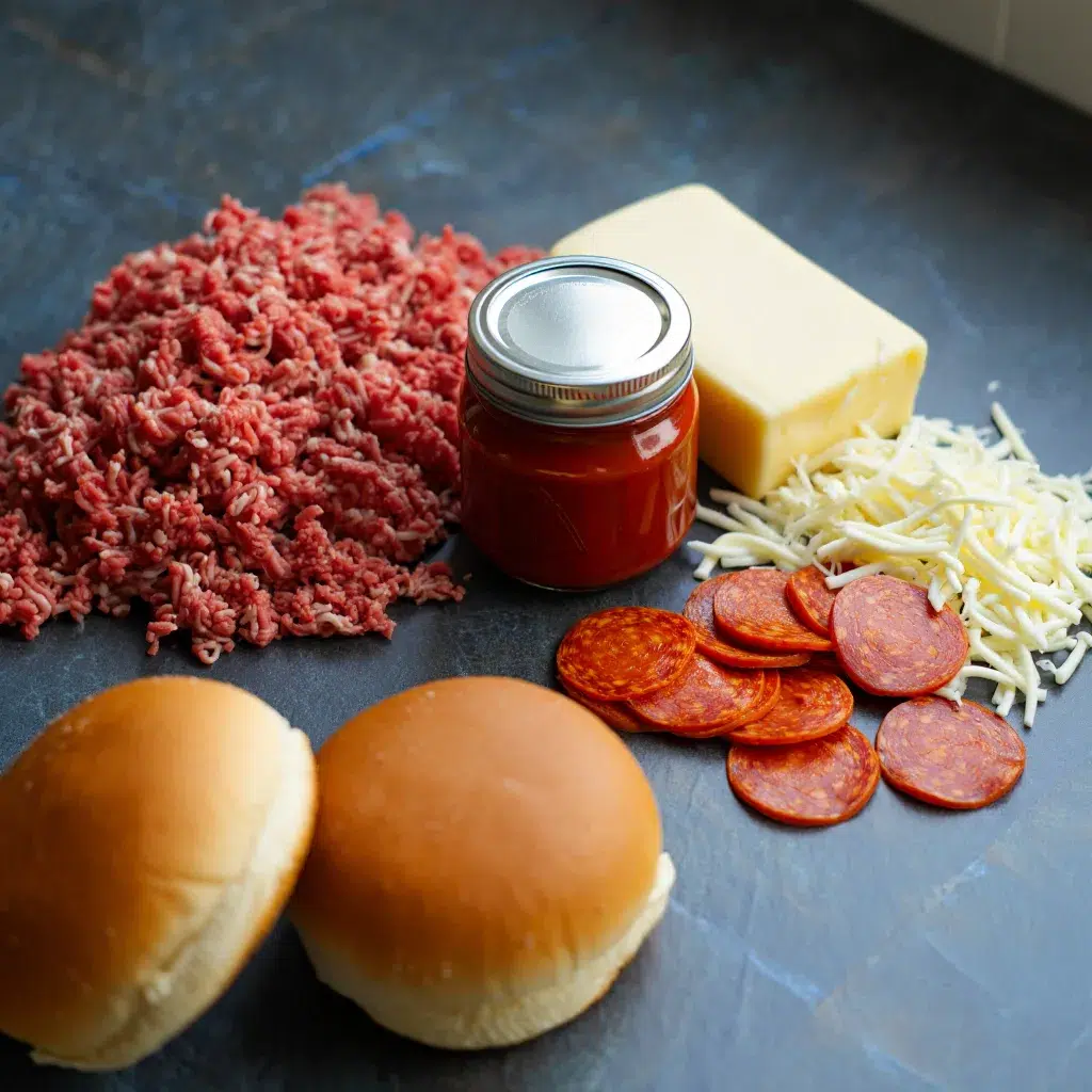 Pizza Burger Ingredients Pizza burger ingredients ground beef, marinara, mozzarella, pepperoni, and buns