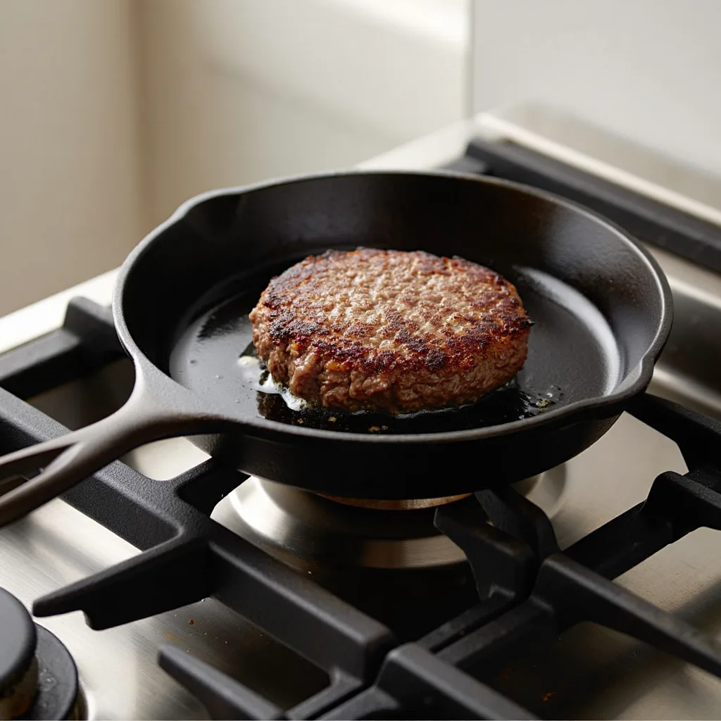 Pizza Burgers: Searing Patties Beef patty searing in a cast iron skillet on medium heat