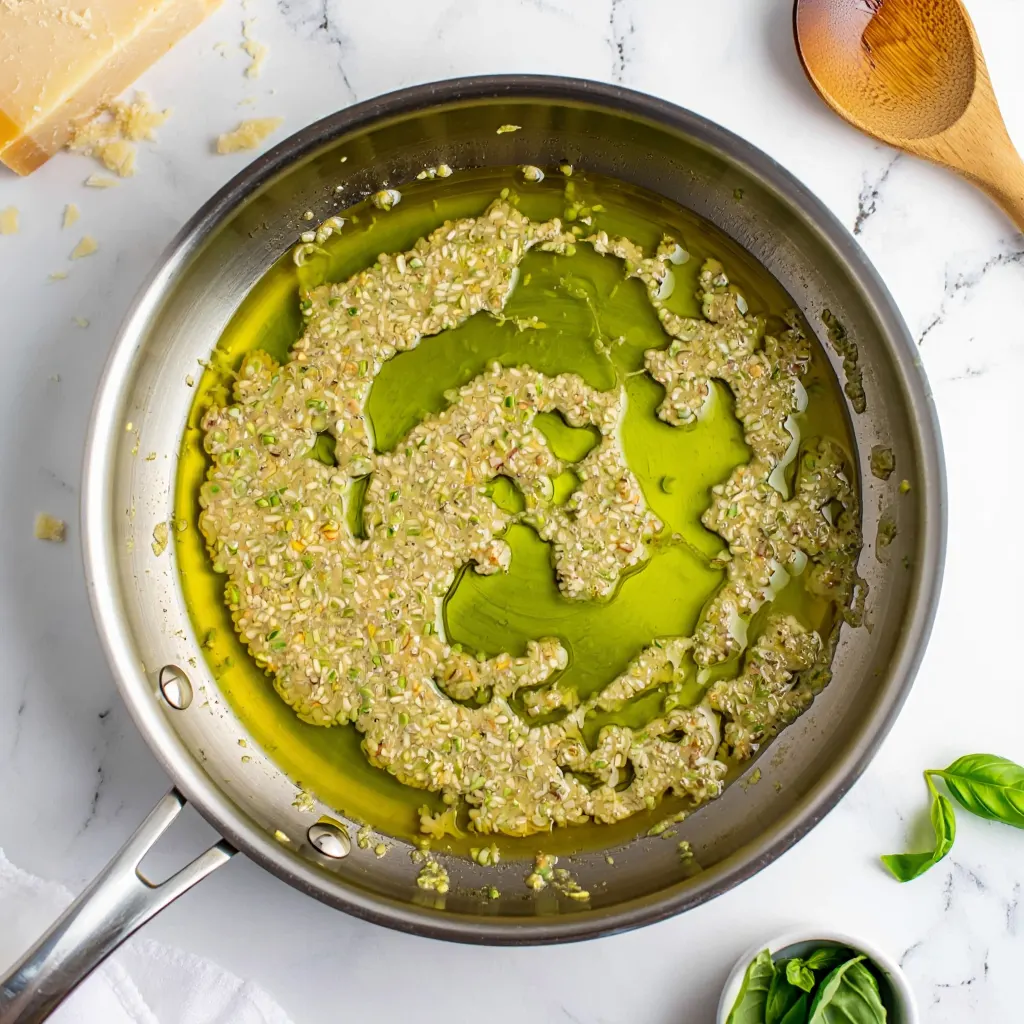 Broken pesto sauce showing oil separation on the surface