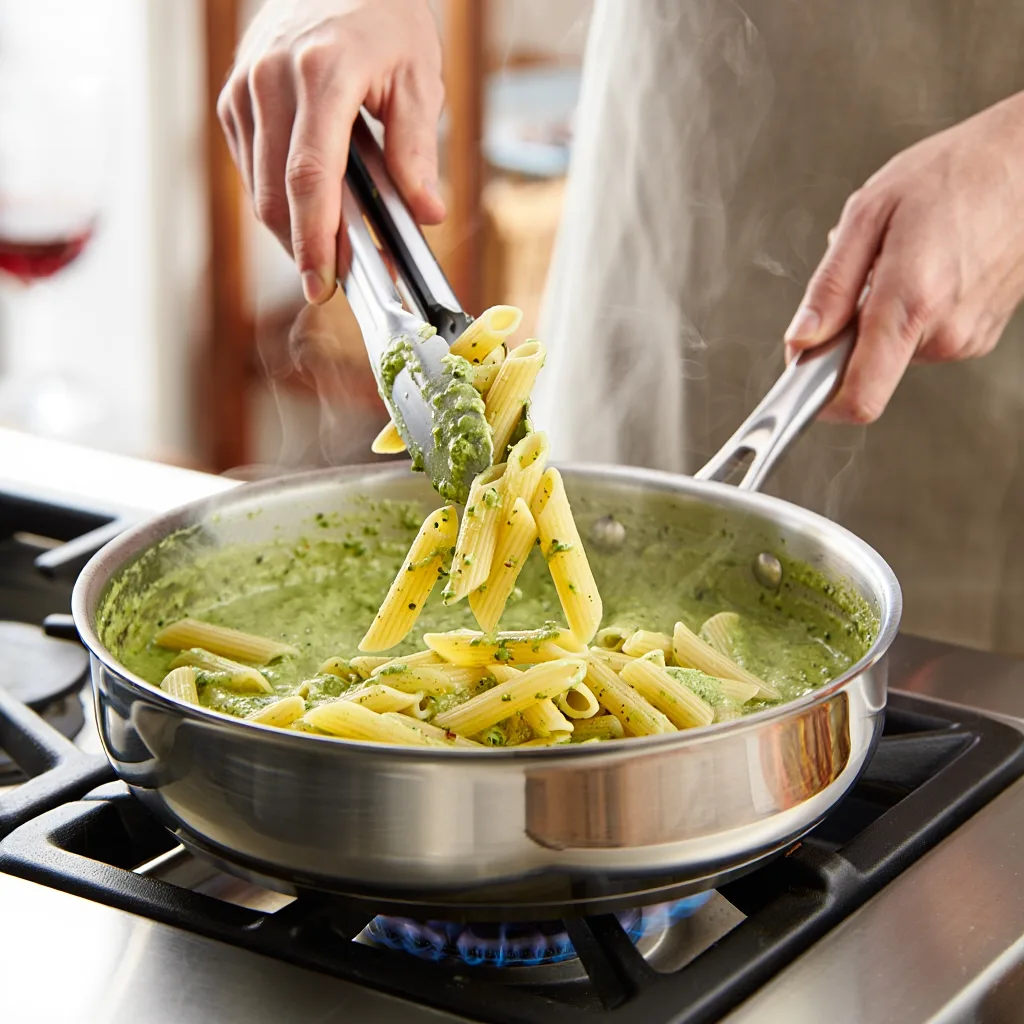 Tossing cooked penne pasta in creamy pesto sauce using tongs