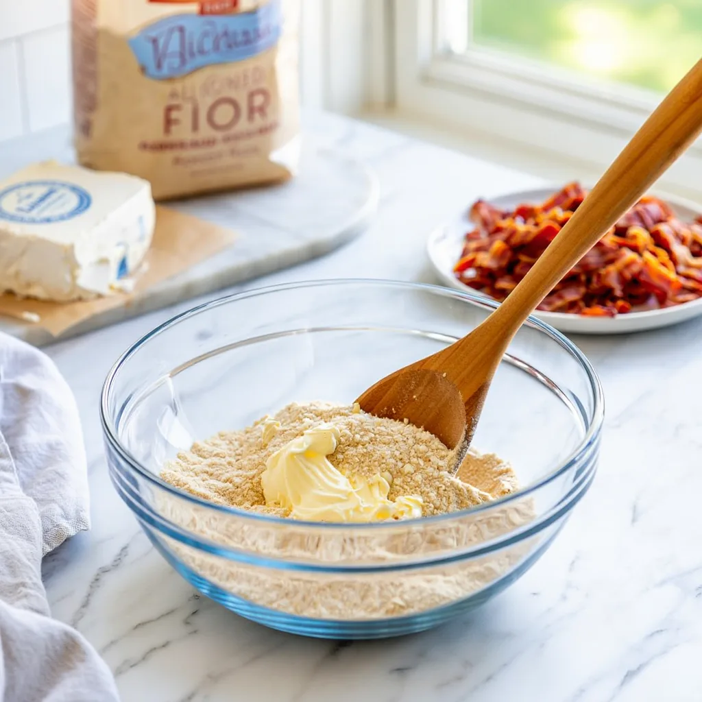 Almond Flour Binder Step: Mixing almond flour and cream cheese binder for keto meatloaf