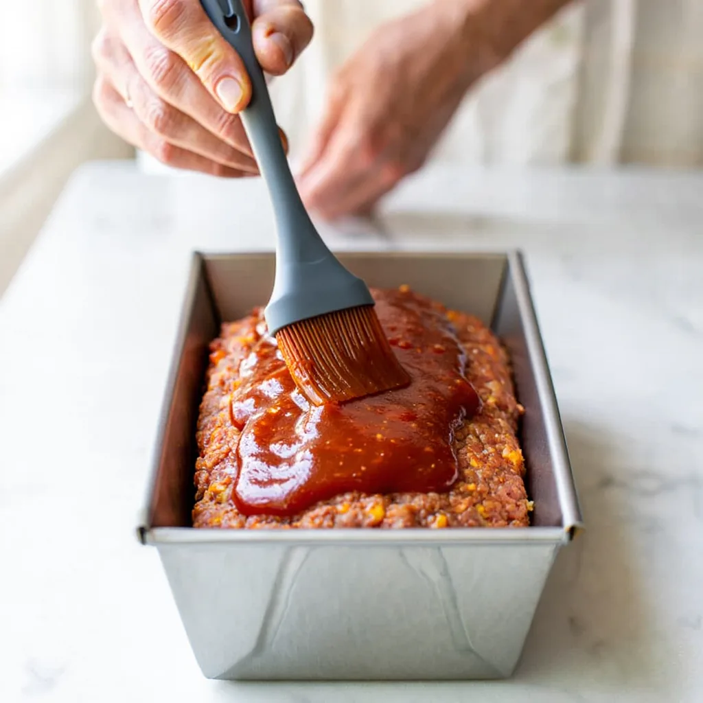 Applying Glaze Step: Spreading sugar-free ketchup glaze on unbaked keto meatloaf