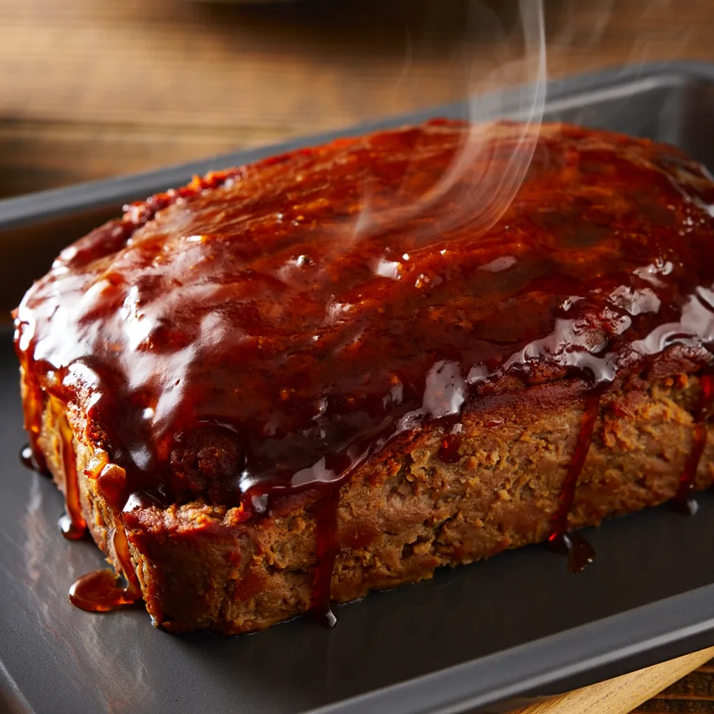 Finished Baked Loaf: Freshly baked keto meatloaf with caramelized glaze out of the oven