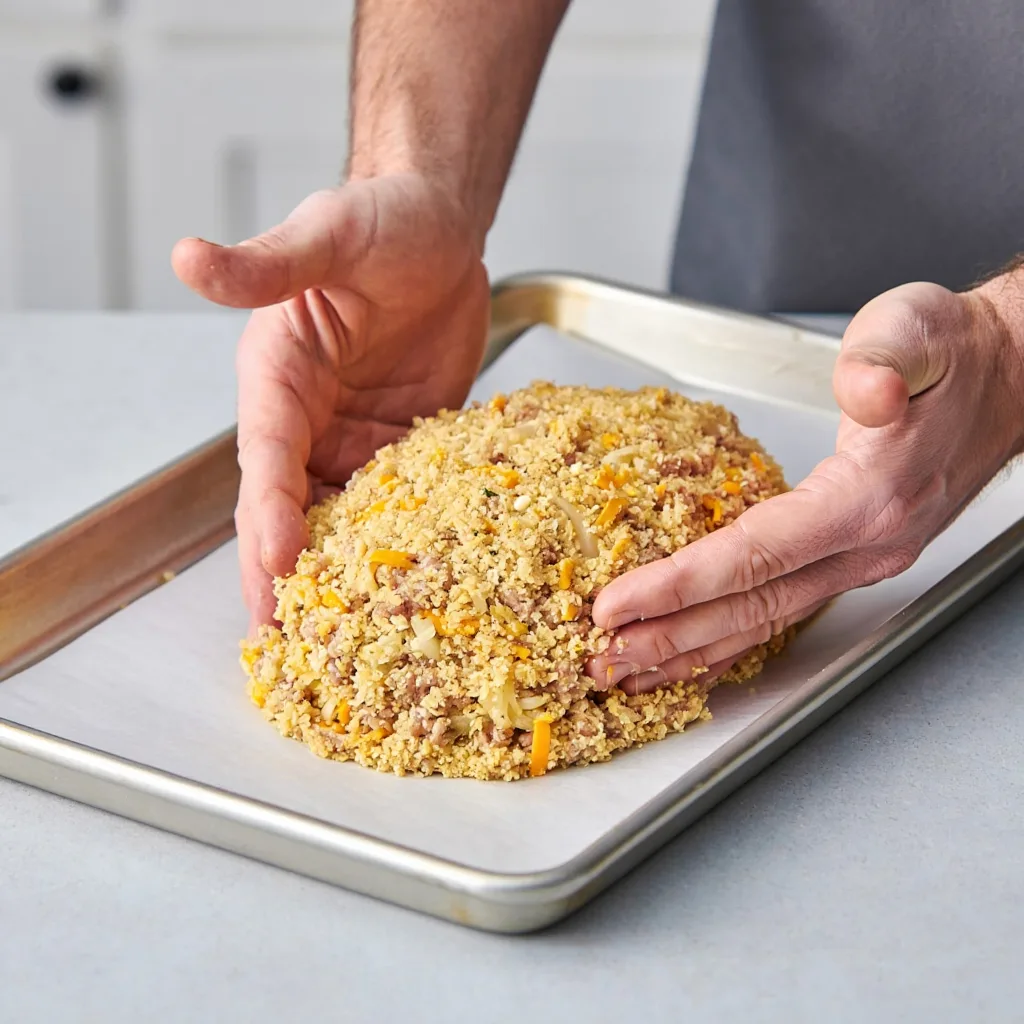 Forming Meatloaf Step: Shaping cheesy meatloaf into a loaf on a baking sheet