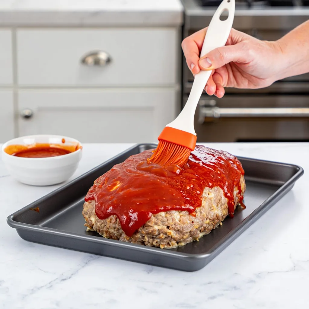 Glazing Meatloaf Step: Brushing glaze onto cheesy meatloaf before baking