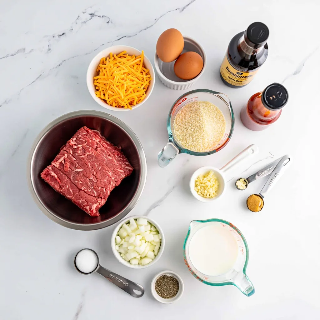 Meatloaf Ingredient Flat Lay: Cheesy meatloaf ingredients arranged in flat lay composition