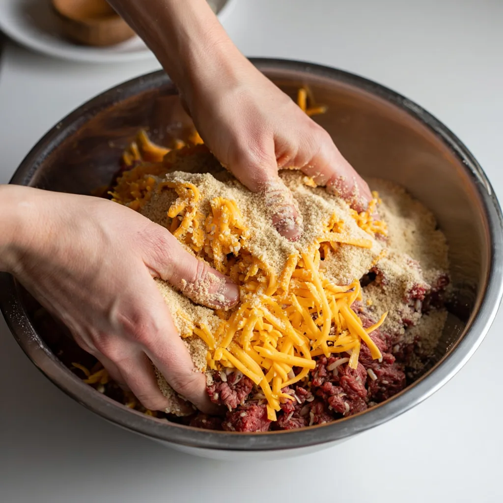 Mixing Meatloaf Step: Hands mixing cheesy meatloaf ingredients in a large bowl