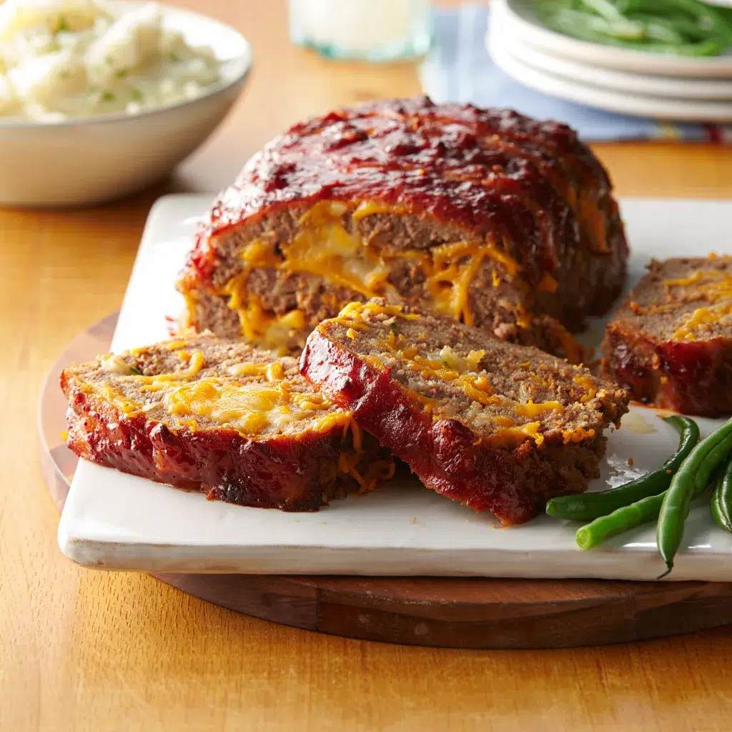 Sliced Meatloaf Serving: Sliced cheesy meatloaf showing melted cheese interior on serving platter