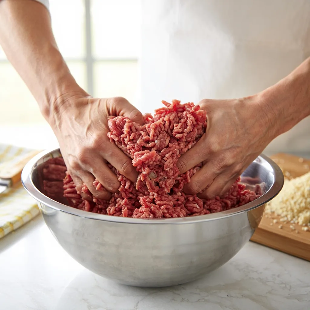 Step 1 - Mixing: Hands mixing ground beef for 5 ingredient meatloaf