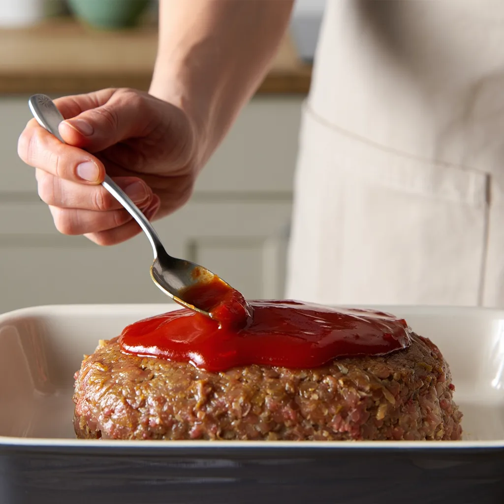 Step 3 - Glaze: Spreading ketchup glaze over meatloaf before baking