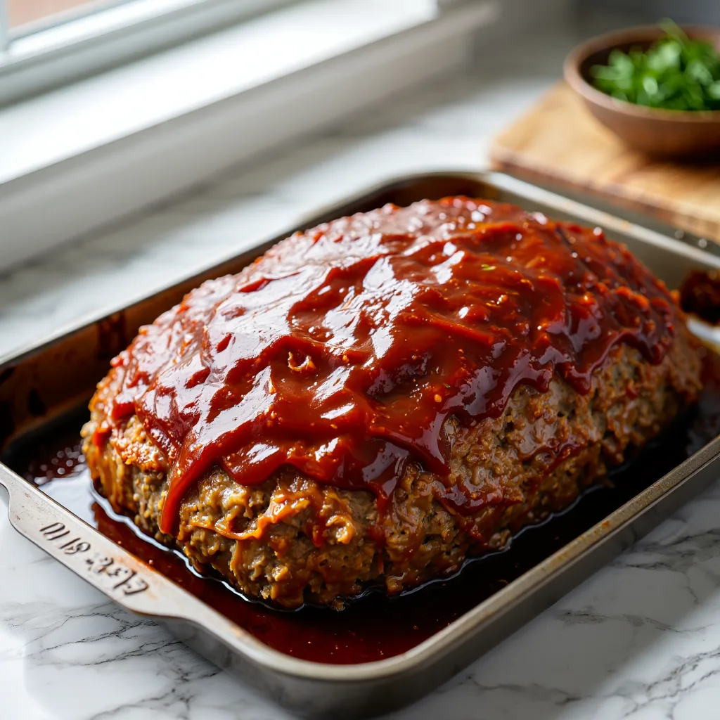 Step 4 - Baked: Baked 5 ingredient meatloaf with caramelized ketchup glaze
