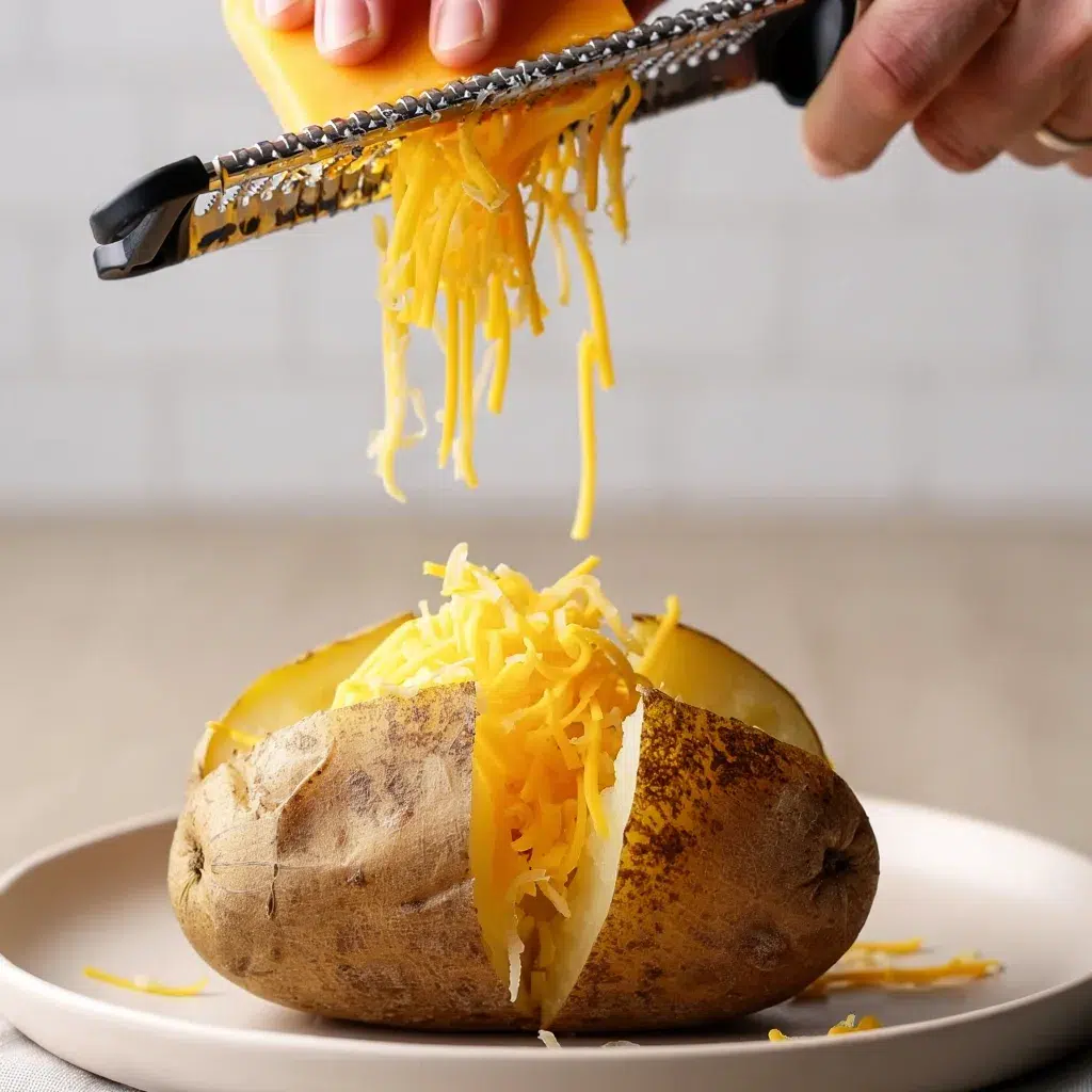 Cheese Freshly grated cheddar being added to baked potato