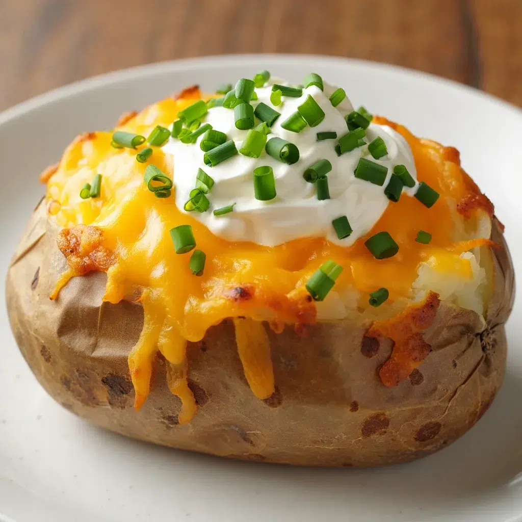 Final Finished cheesy baked potato with chives and sour cream topping