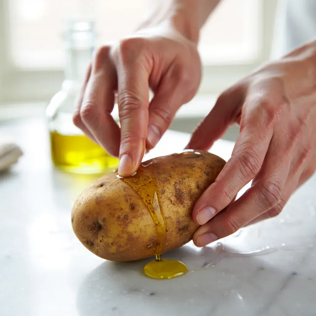 Oiling Russet potato being rubbed with olive oil before baking