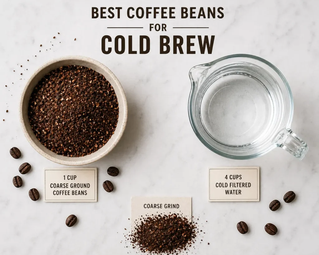 Ingredient flat lay of best coffee beans for cold brew with coarse grind