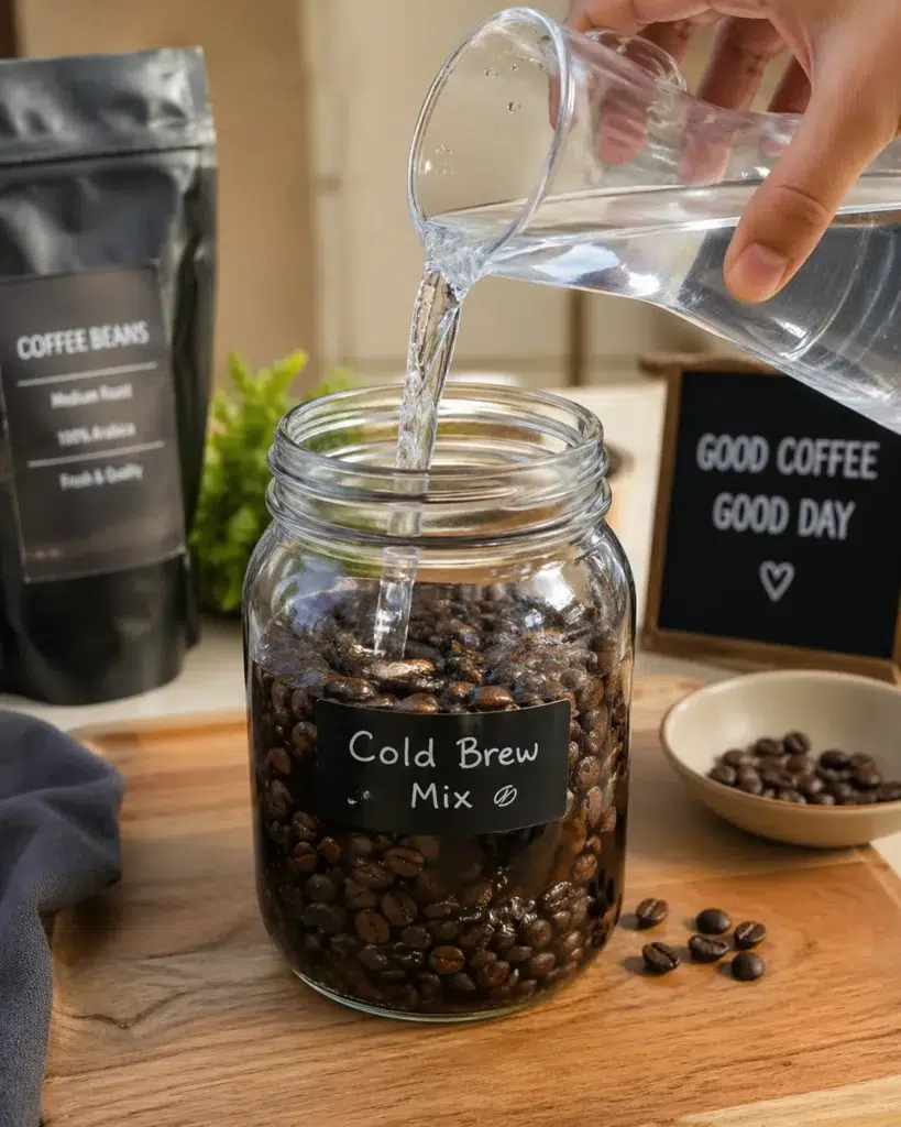 Mixing coffee beans for cold brew in glass jar with water