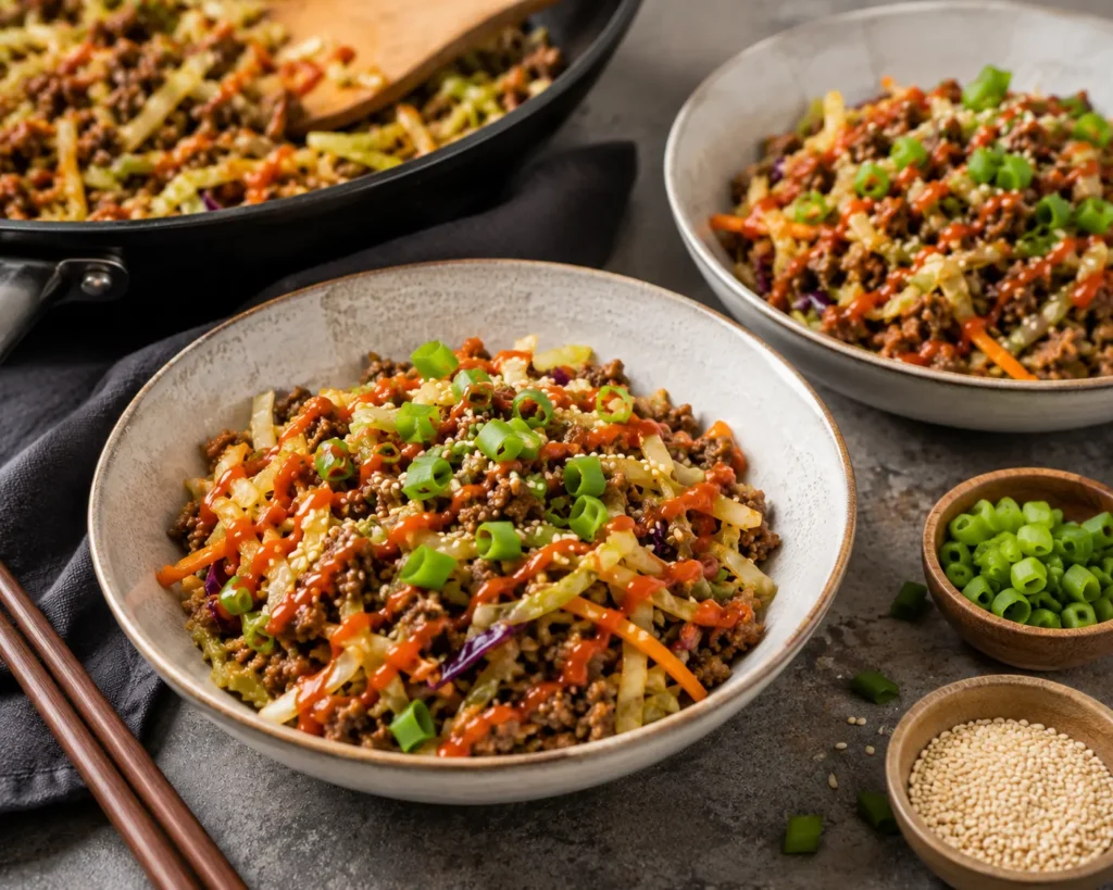 Keto Egg Roll in a Bowl: served-from-skillet-into-bowls-with-sriracha-drizzle-and-sesame-garnish