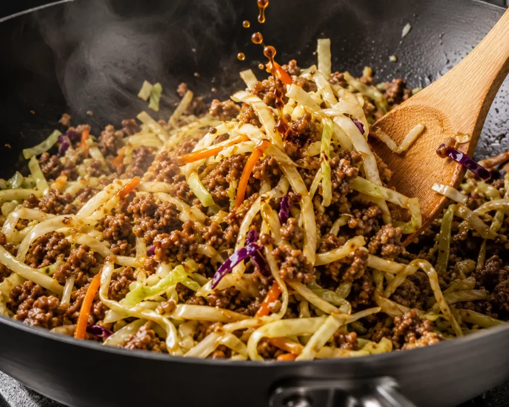 Keto Egg Roll in a Bowl: Shredded-cabbage-being-tossed-with-browned-pork-and-coconut-aminos-sauce-in-a-hot-wok.