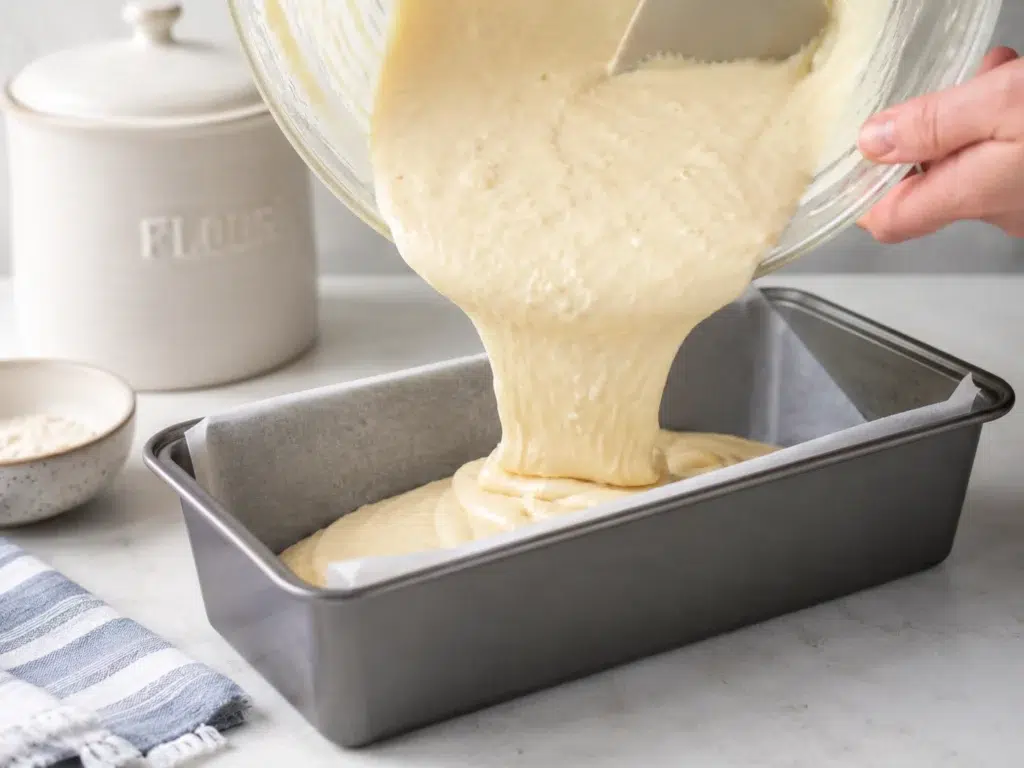 Pouring gluten free bread batter into a loaf pan - easy gluten free bread recipe step by step