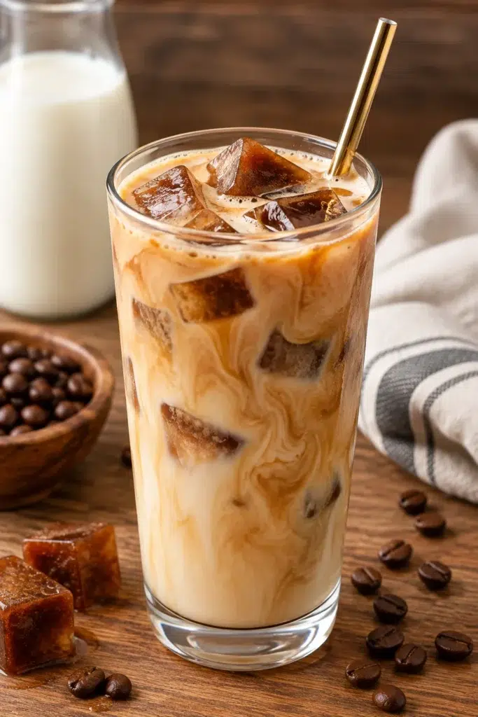 Creamy iced coffee with coffee ice cubes