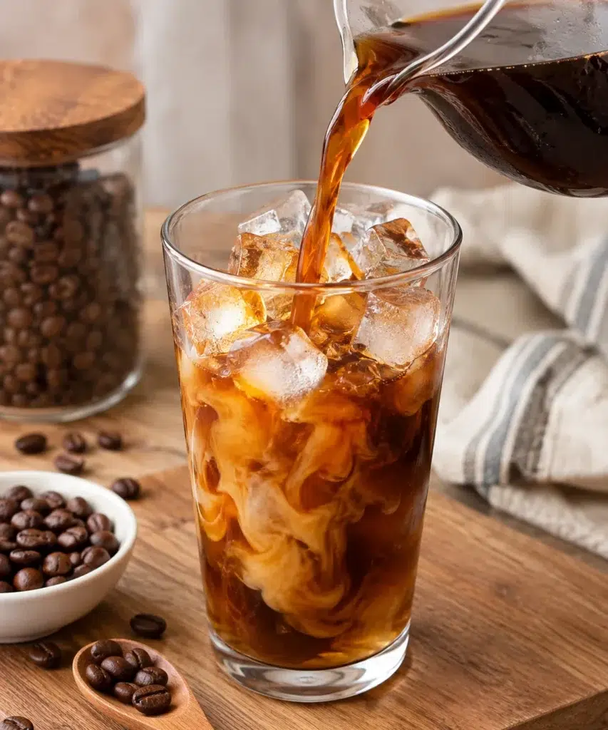 Homemade iced coffee poured over ice